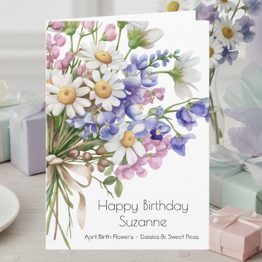 Watercolor Floral Daisies April Birthday Card カード