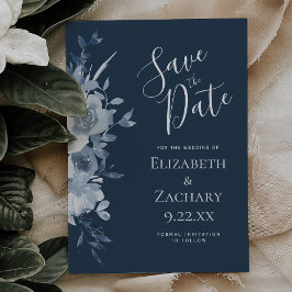 Watercolor Floral Dusty Blue Navy Save the Date 招待状
