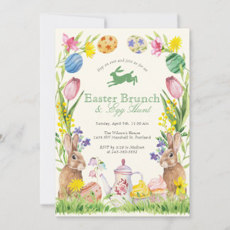 Watercolor Floral Easter Brunch Egg Bunny Teapot 招待状