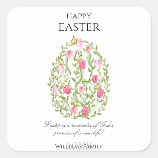 Watercolor Floral Easter Egg Happy Easter スクエアシール (正面)