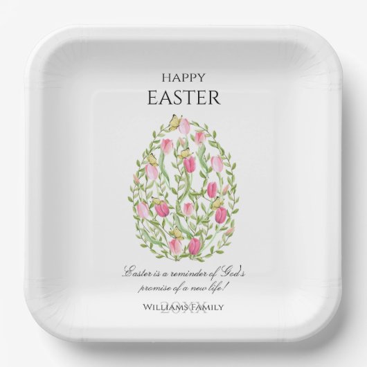 Watercolor Floral Easter Egg Happy Easter ペーパープレート (正面)