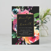 Watercolor Floral Elegant Script Dark Wedding Gold 箔招待状 (立ち正面)
