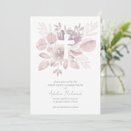 Watercolor Floral First Communion  招待状 (スタンド正面)