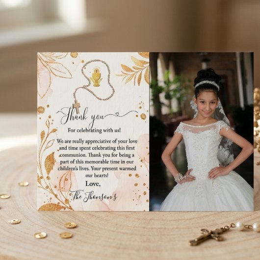 Watercolor floral first communion thank you card 招待状