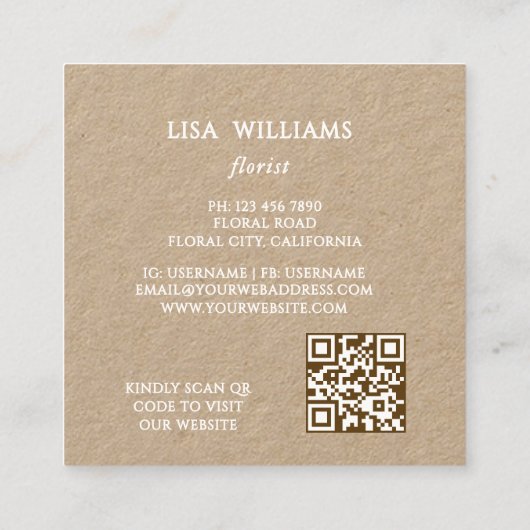 Watercolor Floral Frame Kraft スクエア名刺 (裏面)