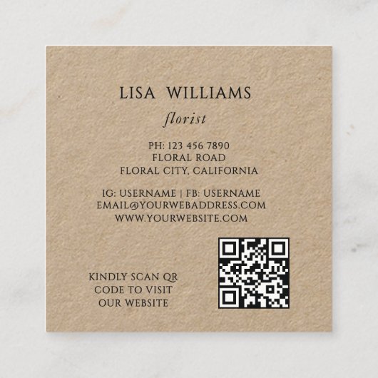 Watercolor Floral Frame Kraft スクエア名刺 (裏面)