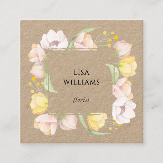 Watercolor Floral Frame Kraft スクエア名刺 (正面)