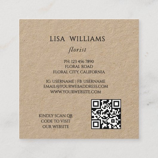 Watercolor Floral Frame Kraft スクエア名刺 (裏面)