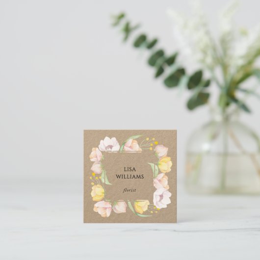 Watercolor Floral Frame Kraft スクエア名刺 (スタンド正面)