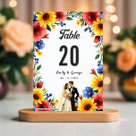 Watercolor Floral Garden Couple Summer Wedding テーブルナンバー<br><div class="desc">This elegant watercolor floral wedding table number is perfect for a modern wedding. The romantic design features an elegant watercolor floral frame with a bride and groom illustration and black calligraphy on a white background.</div>