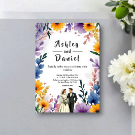 Watercolor Floral Garden Couple Summer Wedding 招待状