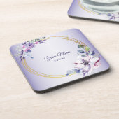 Watercolor Floral Geometric Golden Purple Wedding コースター (左側)