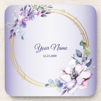 Watercolor Floral Geometric Golden Purple Wedding コースター