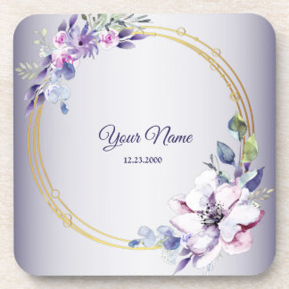 Watercolor Floral Geometric Golden Purple Wedding コースター