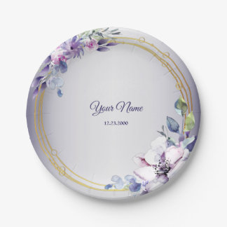 Watercolor Floral Geometric Golden Purple Wedding ペーパープレート