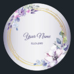 Watercolor Floral Geometric Golden Purple Wedding ラウンドシール<br><div class="desc">Watercolor Floral Geometric Golden Purple Wedding Classic Round Sticker. Unique,  beautiful,  modern design. Easy to be personalized. Font style,  size and colors can be changed. Matching items available.</div>