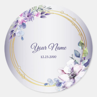 Watercolor Floral Geometric Golden Purple Wedding ラウンドシール