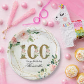 Watercolor Floral & Gold 100th Birthday Custom ペーパープレート (パーティー)