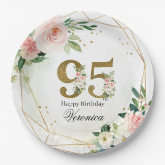Watercolor Floral & Gold 95th Birthday Custom ペーパープレート