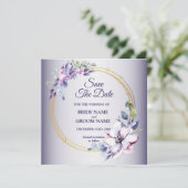 Watercolor Floral Golden Geometric Purple Wedding セーブザデート (スタンド正面)