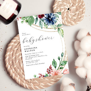 Watercolor Floral, Greenery & Gold Baby Shower 招待状