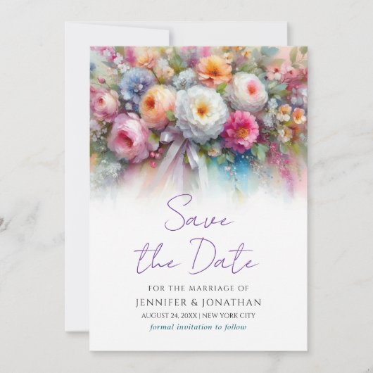 Watercolor Floral Handwritten Script Save The Date セーブザデート (正面)