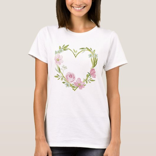 Watercolor Floral Heart Wreath Illustration Tシャツ (正面)