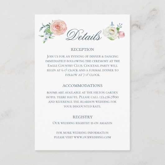 Watercolor Floral Hummingbird Wedding Details エンクロージャーカード (正面)