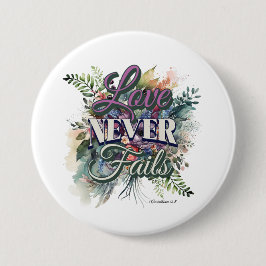 Watercolor Floral Love Never Fails Scripture 缶バッジ