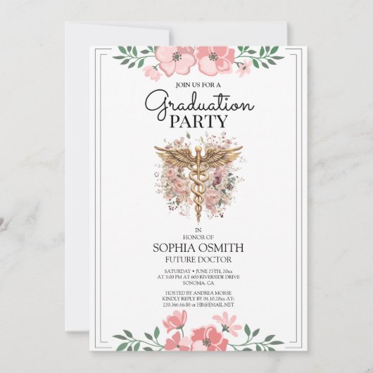 Watercolor Floral Medical Graduation Invitation |  招待状 (正面)