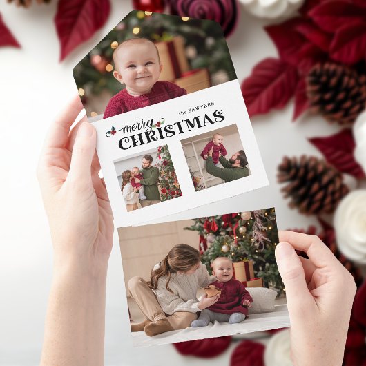 Watercolor Floral Merry Christmas Script 3-Photo オールインワン招待状