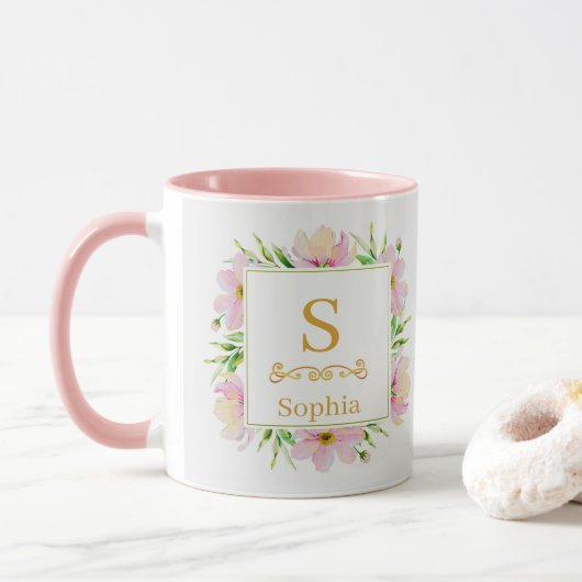 Watercolor Floral Monogram I Custom Gold Initial マグカップ (ドーナツ)