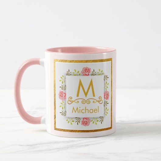Watercolor Floral Monogram I Gold Initial & Name マグカップ (左)