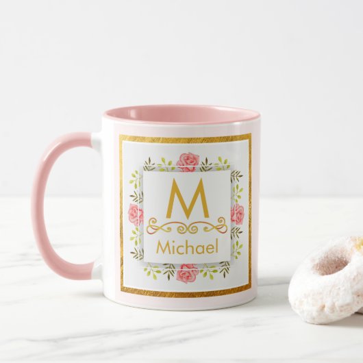 Watercolor Floral Monogram I Gold Initial & Name マグカップ (ドーナツ)
