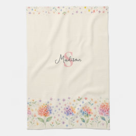 Watercolor Floral Monogram — Pastel Blossoms キッチンタオル