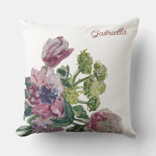 Watercolor floral monogram white green blush pink  クッション (正面)