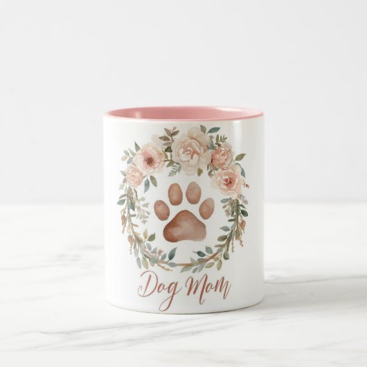 Watercolor Floral Paw Print Dog Mom Personalized ツートーンマグカップ (中央)