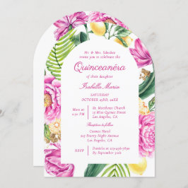 Watercolor Floral Peonies QR Code Quinceañera 招待状