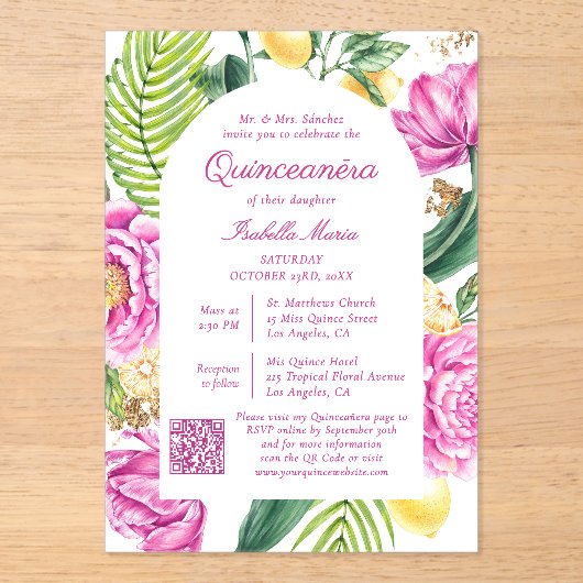 Watercolor Floral Photo QR Code Quinceañera アクリル招待状 (正面)