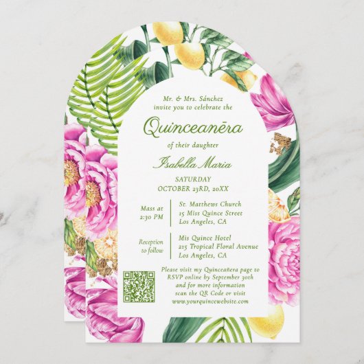 Watercolor Floral Photo QR Code Quinceañera 招待状 (正面/裏面)