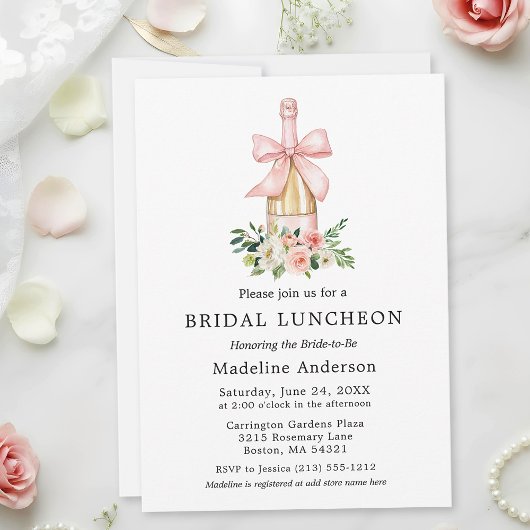 Watercolor Floral Pink Bow Bridal Shower Luncheon 招待状