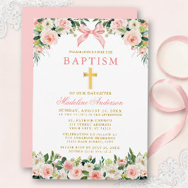 Watercolor Floral Pink Bow Gold Baptism 招待状