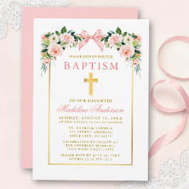 Watercolor Floral Pink Bow Gold Frame Baptism 招待状