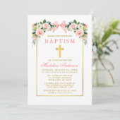 Watercolor Floral Pink Bow Gold Frame Baptism 招待状 (スタンド正面)