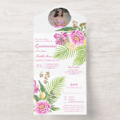 Watercolor Floral Pink Peonies Photo Quinceañera オールインワン招待状 (内側)