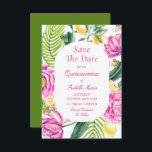 Watercolor Floral Pink Peonies Tulips Quinceañera セーブザデート<br><div class="desc">Watercolor Floral Pink Peonies Tulips Quinceañera Save the Dates Invitations features a floral frame of pink tulips, pink peonies, lemon citrus with palm fronds and greenery with gold shimmer accents on a white background. Inside is your custom Quinceañera save the date information. Personalize by editing the text in the text...</div>