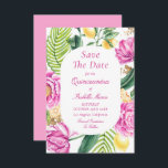 Watercolor Floral Pink Peonies Tulips Quinceañera セーブザデート<br><div class="desc">Watercolor Floral Pink Peonies Tulips Quinceañera Save the Dates Invitations features a floral frame of pink tulips, pink peonies, lemon citrus with palm fronds and greenery with gold shimmer accents on a white background. Inside is your custom Quinceañera save the date information. Personalize by editing the text in the text...</div>