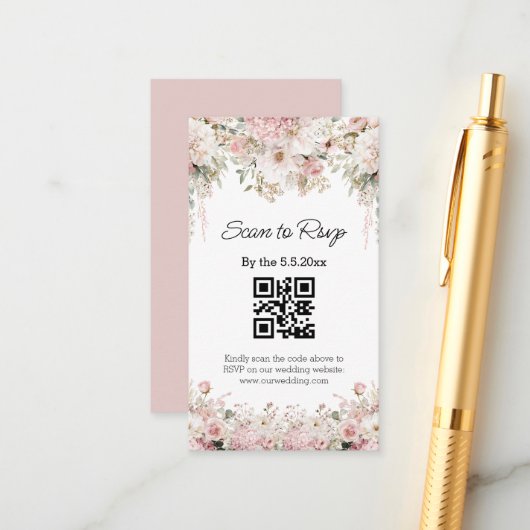 watercolor floral pink qr code rsvp wedding エンクロージャーカード (正面/裏面インサイチュ)