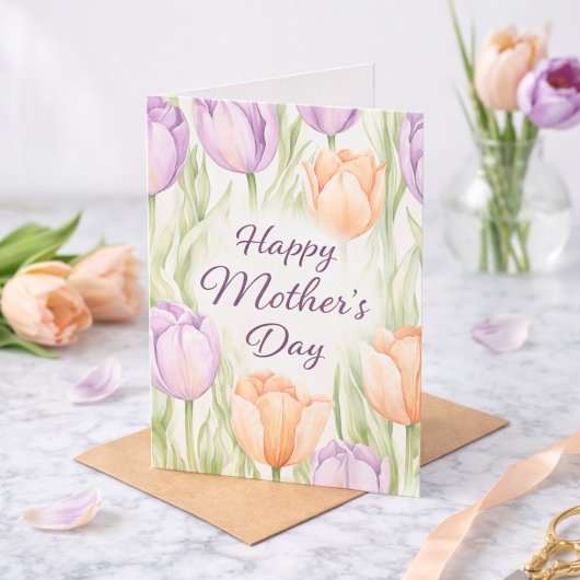 Watercolor Floral Purple Tulips Happy Mother's Day カード