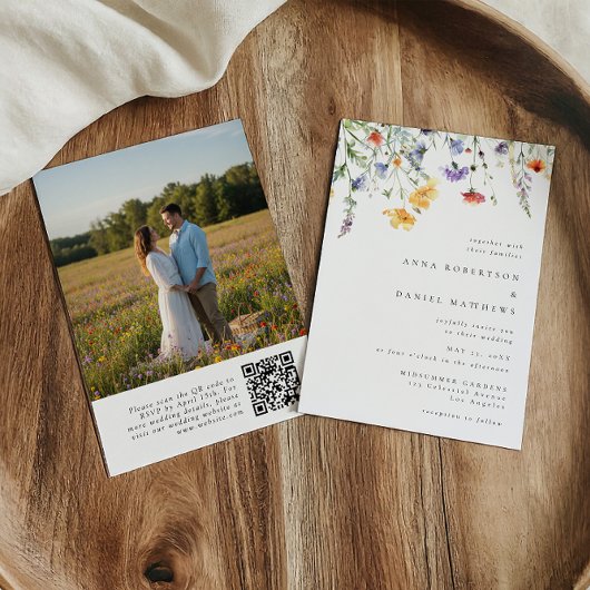 Watercolor Floral QR Code Photo Wedding 招待状